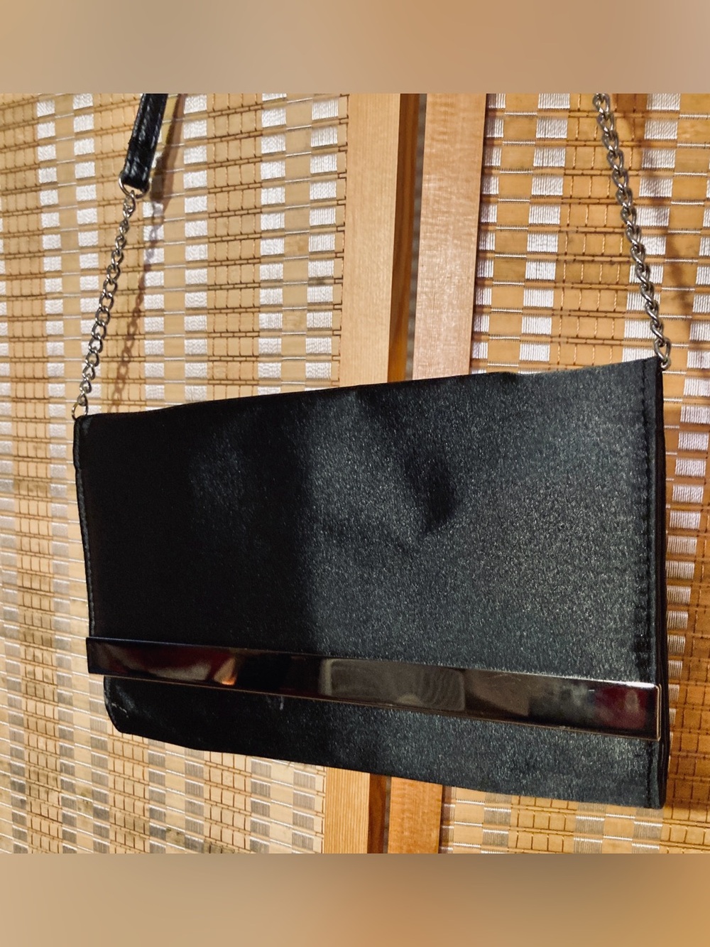 Classic Black Satin Evening Clutch with Silver Accent - Picture 3 of 12